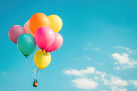 Brightly colored balloons ascend against a clear blue sky, creating a joyful atmosphere on a beautiful sunny day with wispy clouds.の素材