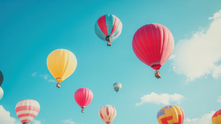 Colorful balloons rise and dance in the clear blue sky, creating a cheerful atmosphere during a sunny day gathering.の素材