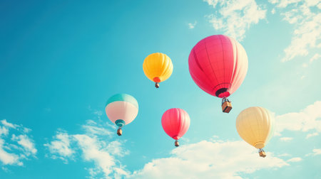 Brightly colored balloons ascend into a clear blue sky, enhancing the beauty of a sunny day, perfect for celebrations and joy.の素材
