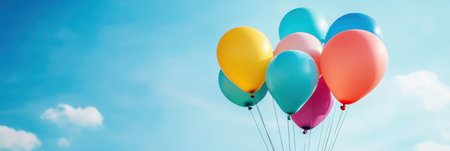 Colorful balloons soar gracefully upward, casting a delightful contrast against the bright blue sky on this sunny afternoon.の素材
