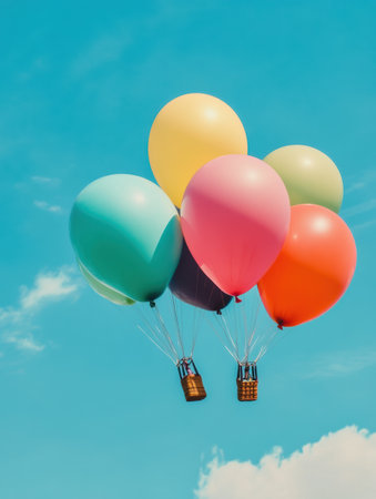 A vibrant assortment of balloons ascends into the air against a clear blue backdrop, bringing a sense of celebration and joy to the day.の素材