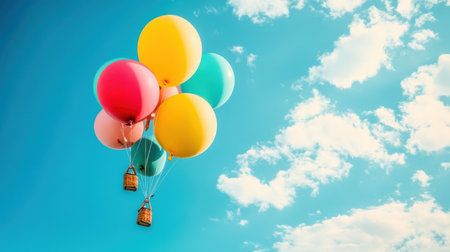 A vibrant arrangement of balloons drifts peacefully against a bright blue sky with fluffy white clouds, creating a cheerful atmosphere.の素材