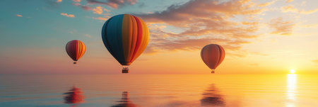 Hot air balloons in bright colors drift gracefully over a tranquil sea as the sun sets, painting the sky with warm hues.の素材