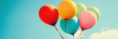Brightly colored balloons float freely against a clear blue sky, creating a cheerful atmosphere on a sunny day.の素材