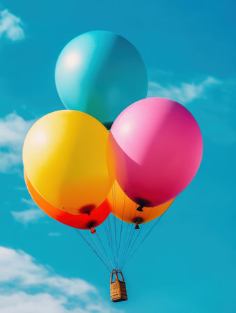 Colorful balloons float effortlessly in a bright blue sky, creating a cheerful atmosphere that captures the joy of a perfect day.の素材
