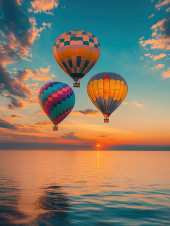 Vibrant hot air balloons soar above a calm sea, illuminated by a stunning golden sunset, creating a picturesque view of nature's beauty.の素材