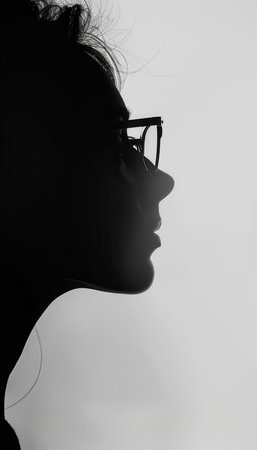 A profile silhouette of an individual with eyeglasses is gently illuminated, creating a calm atmosphere in the background.の素材