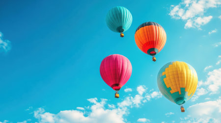 A vibrant group of hot air balloons ascends into a clear blue sky, creating a joyful spectacle on a sunny day.の素材