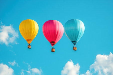 A trio of vibrant hot air balloons floats peacefully against a clear blue sky, enhancing the beauty of the sunny day.の素材