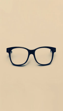 Black eyeglasses with a contemporary design are displayed prominently, highlighting their stylish frames and clear lenses on a neutral backdrop.の素材