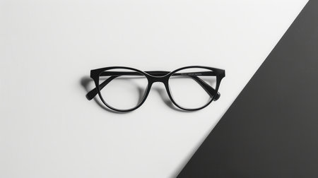 A pair of black eyeglasses rests on a split background of black and white, emphasizing their sleek and contemporary design.の素材