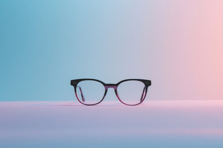 A pair of black eyeglasses is centered against a soft pastel background, showcasing sleek design and contemporary style.の素材