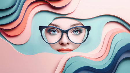 A pair of fashionable eyeglasses stands out against a vibrant background adorned with stylized eyes and flowing shapes.の素材