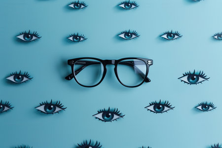 A pair of fashionable eyeglasses rests prominently on a vibrant background decorated with stylized eyes, creating visual intrigue.の素材