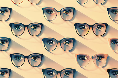A collection of eyeglasses is creatively laid out, with a playful background of stylized eyes that enhances their visual appeal.の素材
