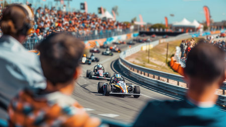 Go-kart racers speed around a winding track as eager spectators cheer from the grandstand on a bright, sunny day.の素材