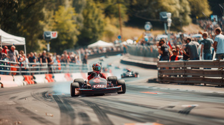 Cars race around a go-kart track as spectators cheer from the sidelines, enjoying the thrilling atmosphere of the event.の素材