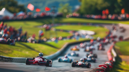 Racers speed around the challenging go-kart track while spectators cheer from the sidelines, creating vibrant energy during the event.の素材