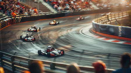 Enthusiastic spectators cheer as go-kart racers navigate the winding track, showcasing skill and speed during an exciting race.の素材