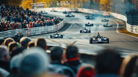 Racers speed around a winding go-kart track as spectators cheer for their favorite drivers on a lively, sunny day.の素材