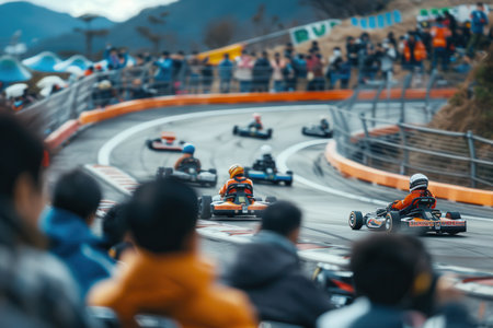 Cars speed around a curved go-kart track while excited spectators watch the thrilling race unfold.の素材