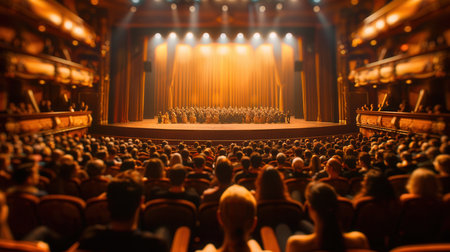 The theater comes alive as actors in vibrant costumes engage the audience with a captivating performance under bright lights.の素材