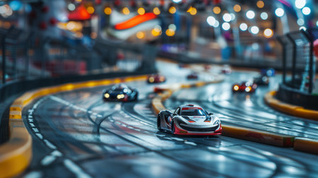 Go-kart racers speed around the track while enthusiastic spectators cheer and enjoy the lively competitive atmosphere.の素材