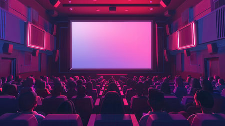 Patrons relax in comfortable seats, fully engaged in a film playing on the large screen, creating an inviting atmosphere.の素材