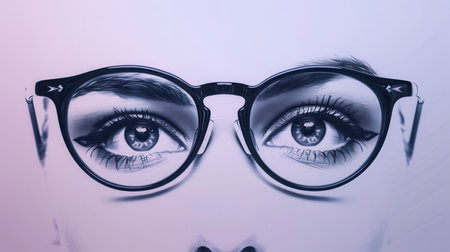 Eyeglasses stand out against a creative backdrop of stylized eyes, showing a unique blend of fashion and art in an elegant design.の素材
