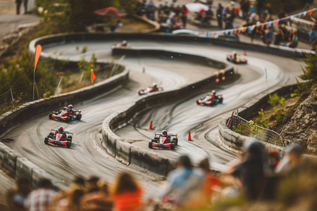 Racers speed around a winding go-kart track while excited spectators watch the intense competition unfold nearby.の素材
