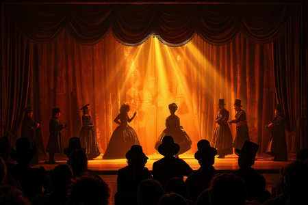 Theatrical performers in elaborate costumes engage the audience under dramatic lighting, creating an enchanting atmosphere during the play.の素材