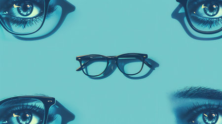 A pair of stylish eyeglasses is positioned in the center surrounded by creatively illustrated eyes in bold colors, creating a striking effect.の素材