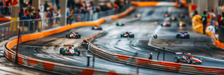 Brightly colored go-karts speed around a slick racetrack while enthusiastic spectators gather to enjoy the thrilling competition.の素材