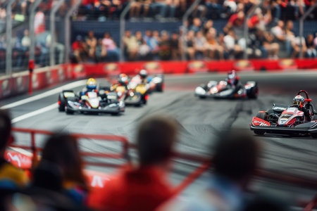 Go-karts speed around the track while spectators cheer, creating a vibrant atmosphere during an exhilarating race.の素材