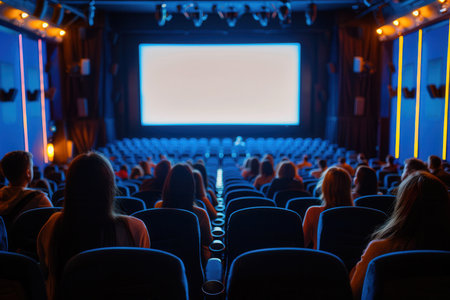 A warm, inviting theater buzzes with anticipation as viewers settle into their comfy seats, ready for an exciting film experience.の素材