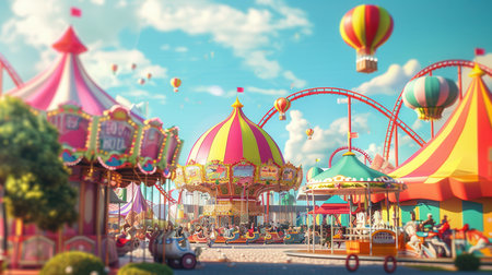 Families and friends enjoy a lively day filled with laughter and excitement at a colorful amusement park featuring rides and attractions.の素材