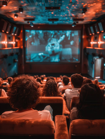Audience members relax in comfortable seats, captivated by the film playing on the large screen in a warm and inviting theater.の素材