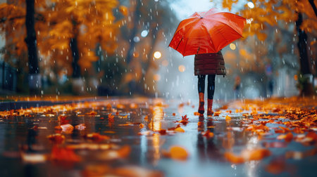 Raindrops fall gently as a person strolls through a vibrant autumn landscape, colorful leaves scattered and puddles shimmering.の素材
