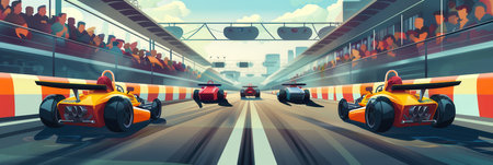 Racers speed around a busy go-kart track while enthusiastic spectators enjoy the thrilling action and beautiful weather.の素材