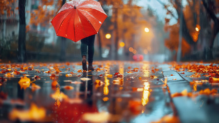 Raindrops create puddles on the ground as people stroll with bright umbrellas, showing the beauty of autumn foliage.の素材