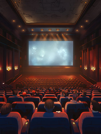 People relax in a cozy movie theater, comfortably seated and engrossed in a film playing on the large screen.の素材