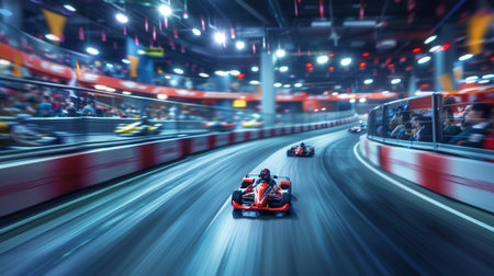 Go-kart racers speed around a winding indoor track while enthusiastic spectators watch closely, cheering for their favorite drivers.の素材