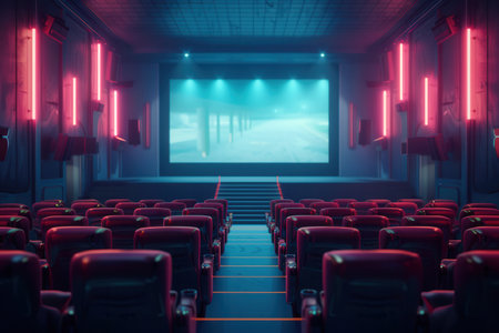 Guests sit comfortably in plush seats at a movie theater, fully engaged in the film playing on the big screen ahead.の素材