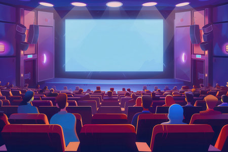 Patrons are settled in their seats, focusing on a large screen as they enjoy a captivating film in the cozy theater environment.の素材