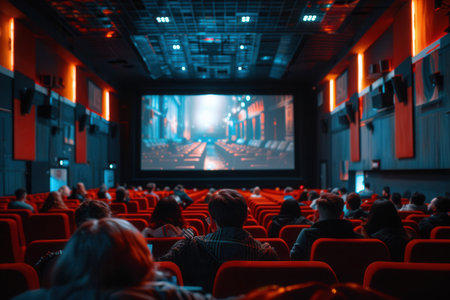 Guests are seated in a cozy movie theater, enjoying a film on the big screen in a warm, inviting atmosphere.の素材