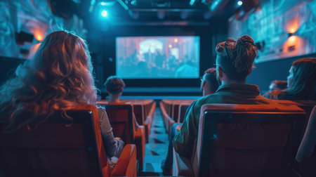Audiences sit back in comfortable seats, engrossed in a thrilling film on the large screen during a delightful outing.の素材