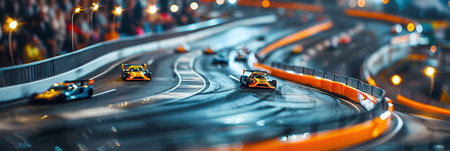 Cars speed around a go-kart track while spectators cheer from the sidelines, creating an electrifying atmosphere during the race.の素材