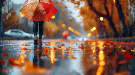 Raindrops fall steadily as people stroll under vibrant umbrellas, with colorful leaves and puddles adding to the autumn atmosphere.の素材