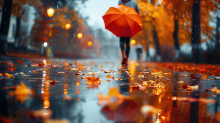 Bright umbrellas dot the autumn streets as rain creates puddles, reflecting fallen leaves and vibrant colors of the season.の素材