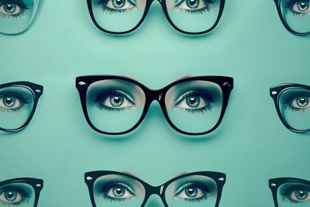 A collection of eyeglasses is showcased against a vibrant background, featuring captivating stylized eyes for visual interest.の素材
